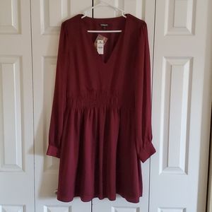 Express Satin Smocked Waist Long Sleeve Dress